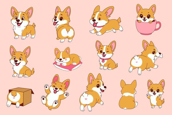 Featuring a collection of cute corgi puppies in playful poses and charming expressions, designed in a fun and whimsical cartoon style