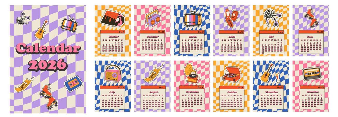 2026 calendar with Retro stickers design. Calendar planner minimal style, annual organizer.