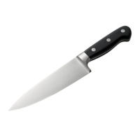 Sharp stainless steel chef knife with black handle isolated on transparent background png