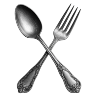 Ornate silver spoon and fork crossed isolated on transparent background png