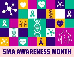 SMA Awareness Month background, banner or poster design with DNA strands, ribbons, and health symbols highlighting August advocacy for Spinal Muscular Atrophy education, support, and genetic vector
