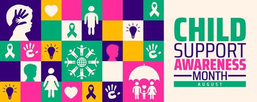 hild Support Awareness Month background or banner or poster design featuring bold purple text, ribbons, hearts, and symbolic icons promoting family welfare, parenting support vector