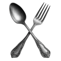 Ornate silver spoon and fork crossed together isolated on transparent background png