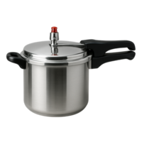 Shiny stainless steel pressure cooker with black handles isolated on transparent background png