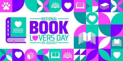National Book Lovers Day background, banner or poster design for August 9 featuring bold purple and turquoise text with book-themed icons and hearts, celebrating reading passion, literacy. vector
