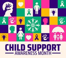 Child Support Awareness Month background or banner or poster design featuring bold purple text, ribbons, hearts, and symbolic icons promoting family welfare, parenting support, and children's rights. vector