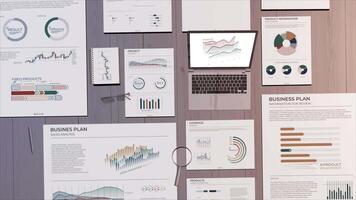 Animated workspace with laptop and business infographics. video