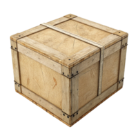 Rustic wooden shipping crate with metal straps isolated on transparent background png