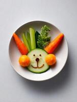 Creative and Playful Vegetable Art Featuring a Dog Face Made From Fresh Produce in a White Bowl photo