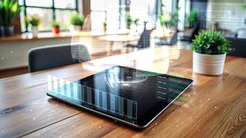 Futuristic hologram is showing data analysis on a tablet video