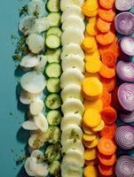 Colorful Arrangement of Sliced Vegetables Showcasing Healthy Eating and Nutrition Ideas photo