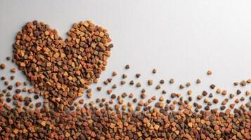 Pet Food Treats Scattered in Heart Shape Creating a Playful and Inviting Backdrop for Animal Lovers and Pet Owners photo