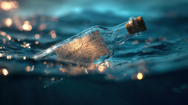 Message in a Bottle Drifting on Calm Water With Dreamy Lighting and an Open Top photo