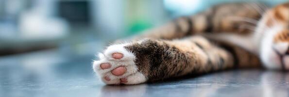Close-up View of a Cat Paw Resting Gently in a Veterinarians Hand on a Medical Table During a Routine Check-Up photo