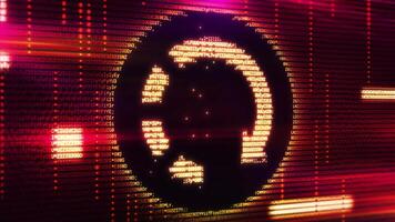 Circular symbol with a rotating arrow formed by code on a digital display video