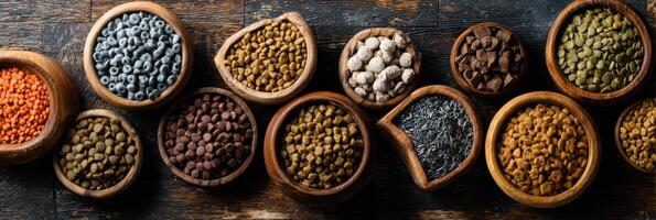 Variety of Pet Kibbles Displayed in Assorted Bowls Showcasing Diverse Shapes and Textures on Rustic Wooden Surface photo