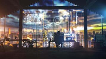 Software engineer working with futuristic interface in modern office at night video