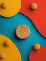 Bright Colored Background Showcases a Central Pet Treat With Playful Accent Shapes in Various Sizes and Colors, Perfect for Pet Lovers Looking for Treats photo