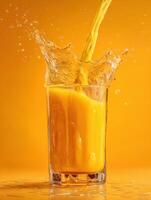 Mango Nectar Splashes as It Pours Into a Glass With a Bright Orange Background, Creating a Refreshing Atmosphere for Summer Moments photo