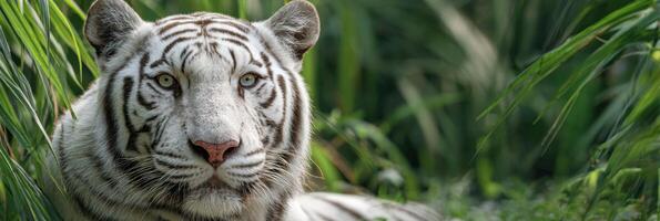 White Tiger Resting Quietly in Tall Grass Under a Clear Sky During Daylight, Showcasing Its Striking Fur Patterns and Calm Demeanor photo