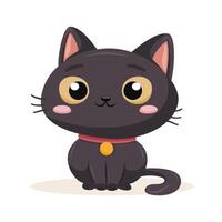 Adorable black cat with large eyes and a red collar, depicted in a playful flat style vector