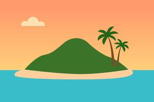 Experience the tranquility of a tropical island at sunset with lush green hills and palm trees silhouetted against a vibrant sky over calm waters. vector