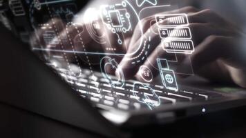Programmer developing innovative software on laptop with abstract data video