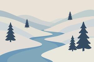 Serene Winter Landscape with Trees and Flowing River Illustration vector