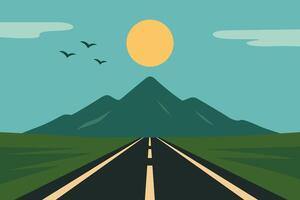 Scenic Road Leading to Majestic Mountain Under Bright Sunlight vector