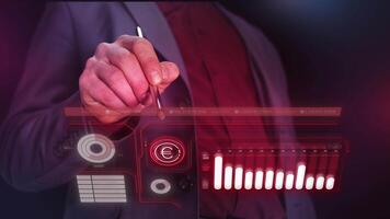 The trader monitors the fall in euro quotes on a virtual panel. video