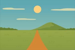 Serene Landscape with Pathway, Sun and Rolling Hill in Background vector