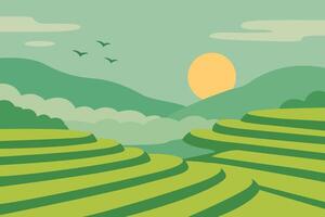 Serene Landscape with Rolling Green Hills and Sunset Sky Background vector