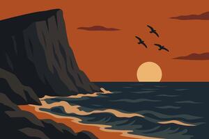 Sunset Over Rocky Shore with Birds Flying in the Orange Sky vector