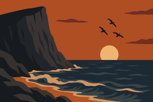 Sunset Over Rocky Shore with Birds Flying in the Orange Sky
