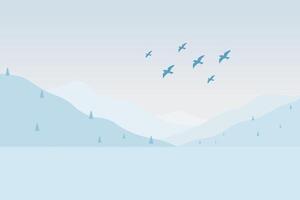 Tranquil Landscape with Blue Mountains and Flying Birds in Horizon vector