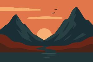 Majestic Mountain Landscape with Sunset and Calm River Scene vector