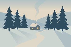 Cozy Winter Cabin Surrounded by Snowy Hills and Tall Pine Trees vector