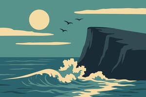 Serene Coastal Landscape with Waves and Sunset in Retro Style vector