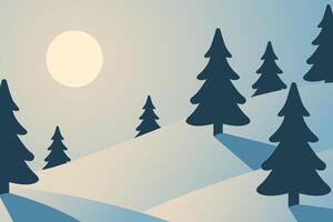 Serene Winter Landscape with Pine Trees and Soft Snowy Hills. vector
