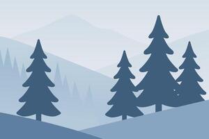 Serene Blue Mountain Landscape with Evergreen Trees and Misty Hills vector