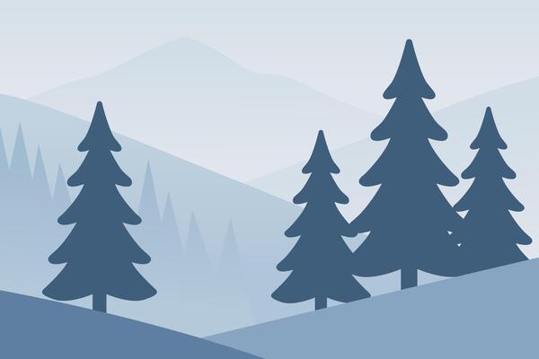 Serene Blue Mountain Landscape with Evergreen Trees and Misty Hills