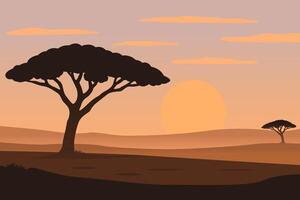 Silhouette of Acacia Trees Against a Sunset in a Desert Landscape vector