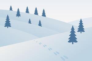 Serene Snowy Landscape with Pine Trees and Footprints in Winter vector
