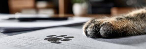 Cat Paw Print on Paperwork With Clean Desk Backdrop Showcases Playful Moment in Quiet Workspace photo