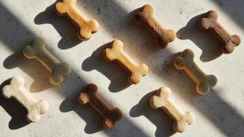 Colorful Dog Bone Treats Arranged in Sunlight Create a Vibrant Display With Shadows photo