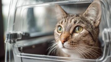 Calm Cat Waiting in Transparent Travel Carrier at Veterinary Clinic During an Appointment Process photo