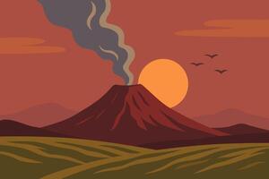 Erupting Volcano Landscape at Sunset with Smoke and Birds in Sky vector