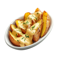 potatoes with gravy and herbs on a plate png