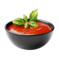 tomato sauce in a bowl with basil leaves on a transparent background png