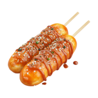 two hot dogs on sticks with sauce and sesame seeds png